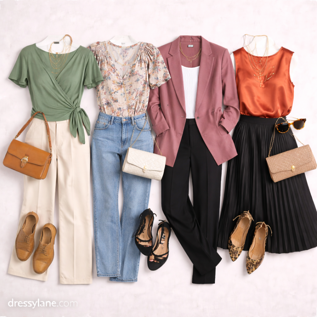 Flat lay of women’s creative workplace outfit ideas featuring blouses, trousers, skirts, blazers, and stylish accessories.