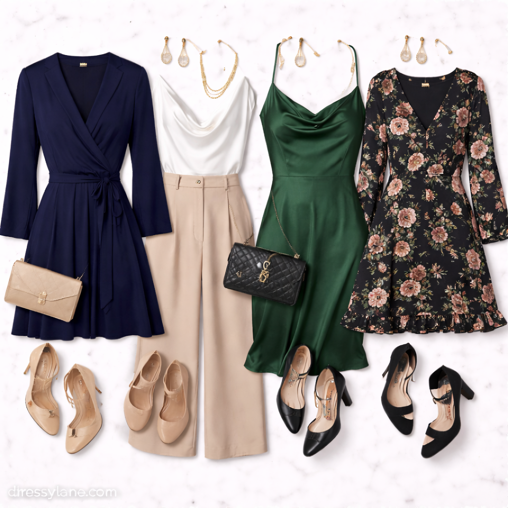 Flat lay of women’s dinner party outfits featuring elegant dresses, chic tops, tailored pants, and coordinated accessories.