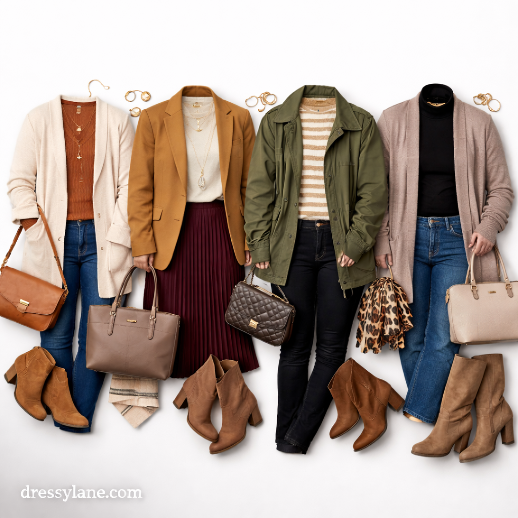 Flat lay of women’s fall outfits featuring layered clothing, boots, handbags, and seasonal accessories.