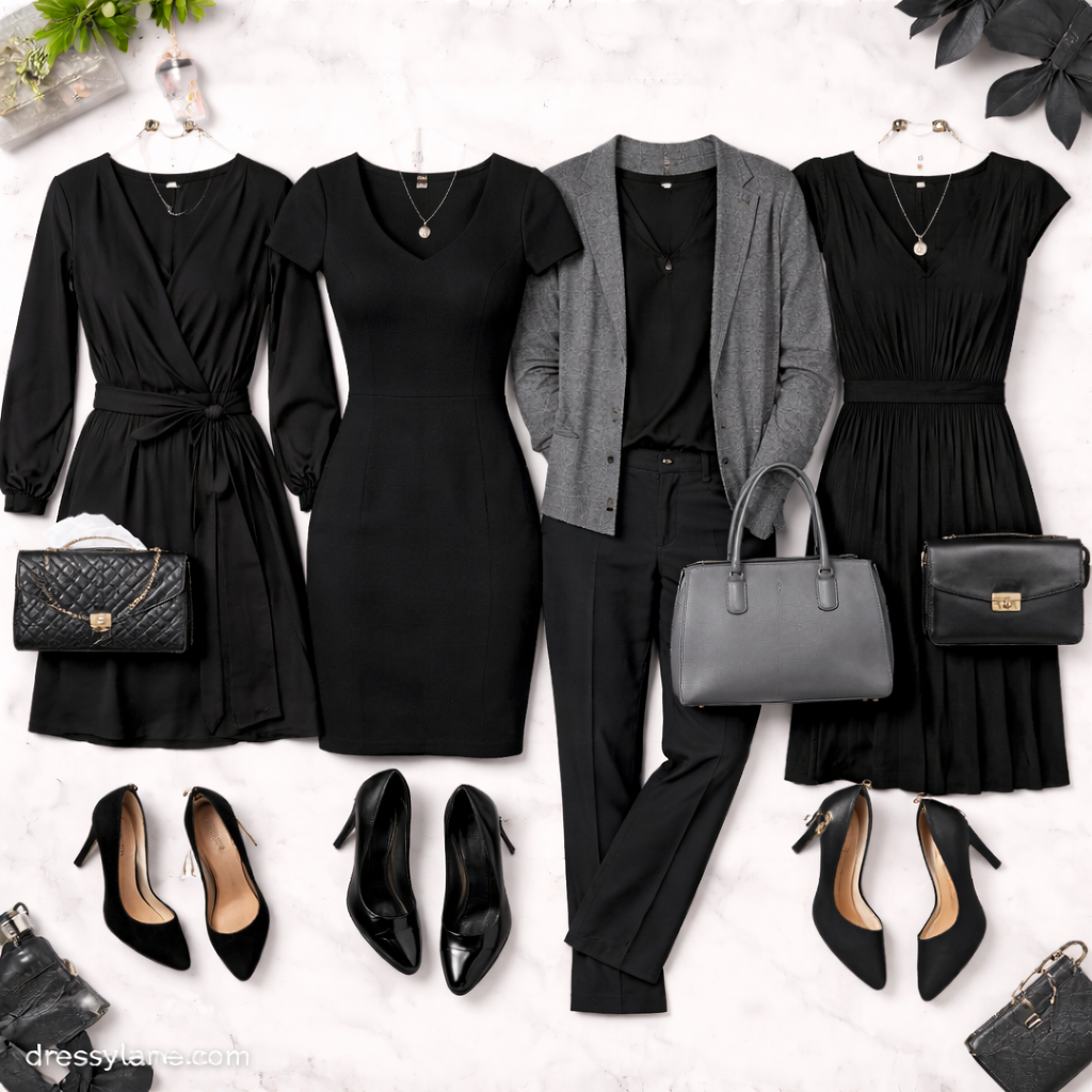 Flat lay of women’s funeral outfits featuring black dresses, modest silhouettes, and understated accessories.