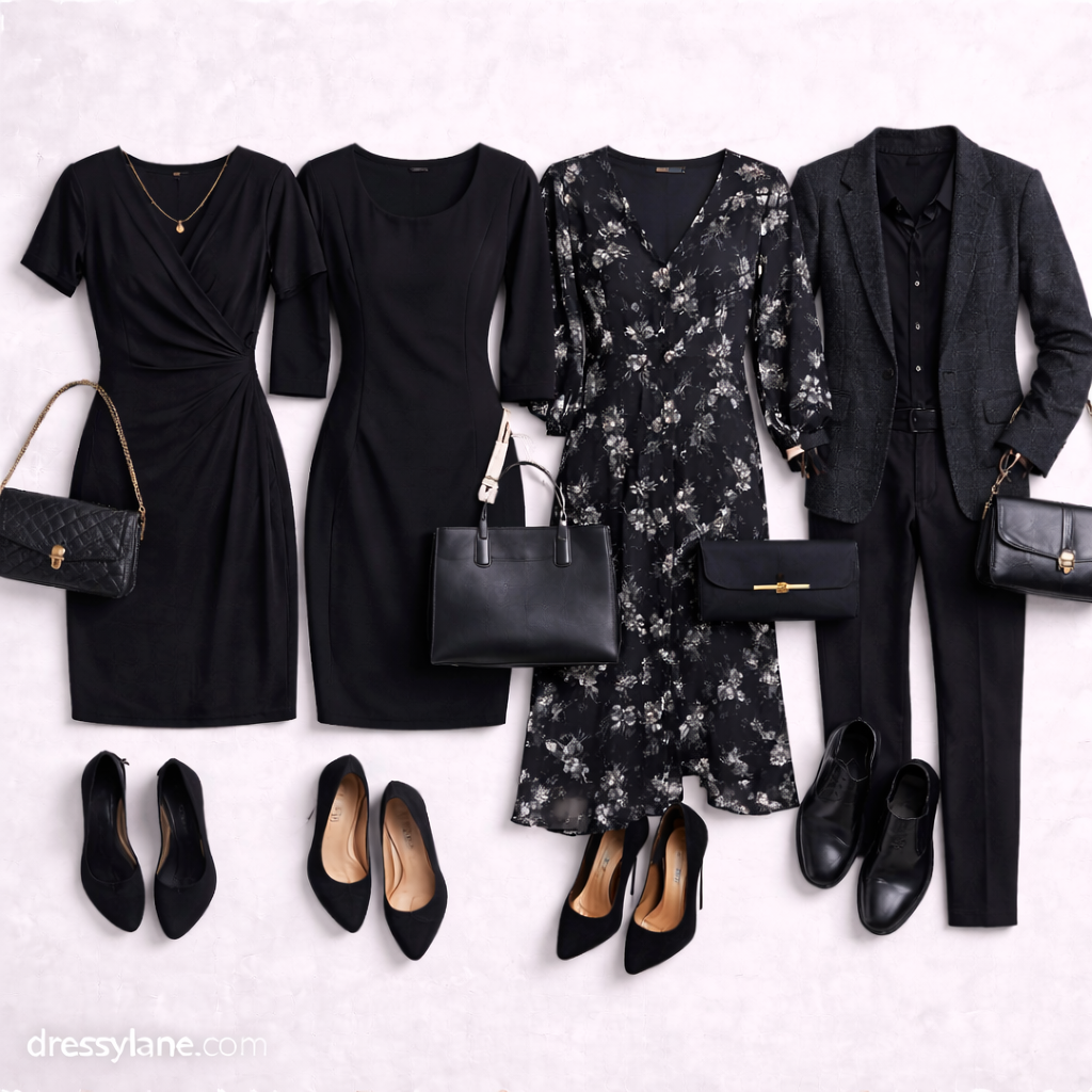 Flat lay of women’s funeral-appropriate outfits and shoes featuring modest dresses, closed-toe heels, flats, and neutral accessories.