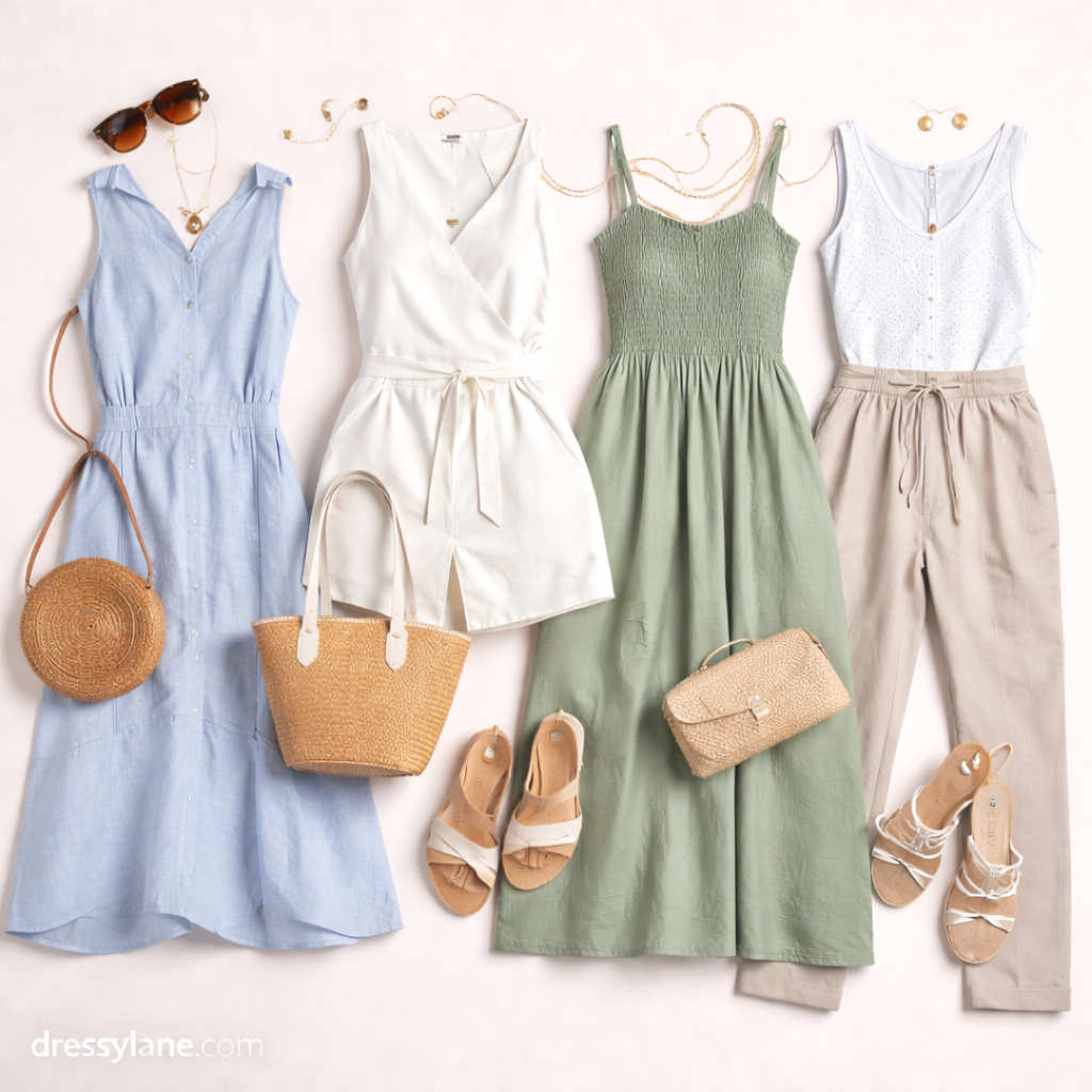 Flat lay of women’s humid weather outfit ideas featuring lightweight dresses, breathable tops, linen pants, and summer accessories.
