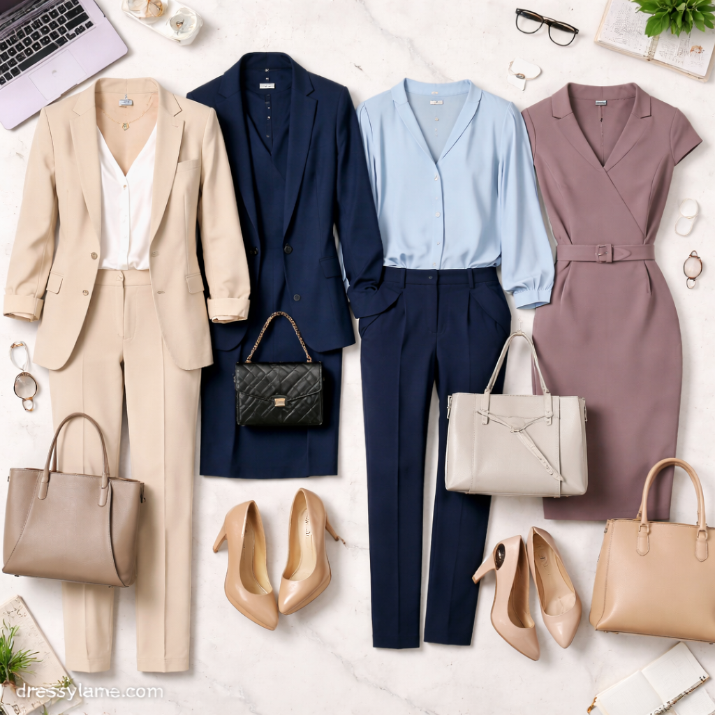 Flat lay of women’s professional interview outfits including tailored suits, blouses, dresses, and neutral accessories.