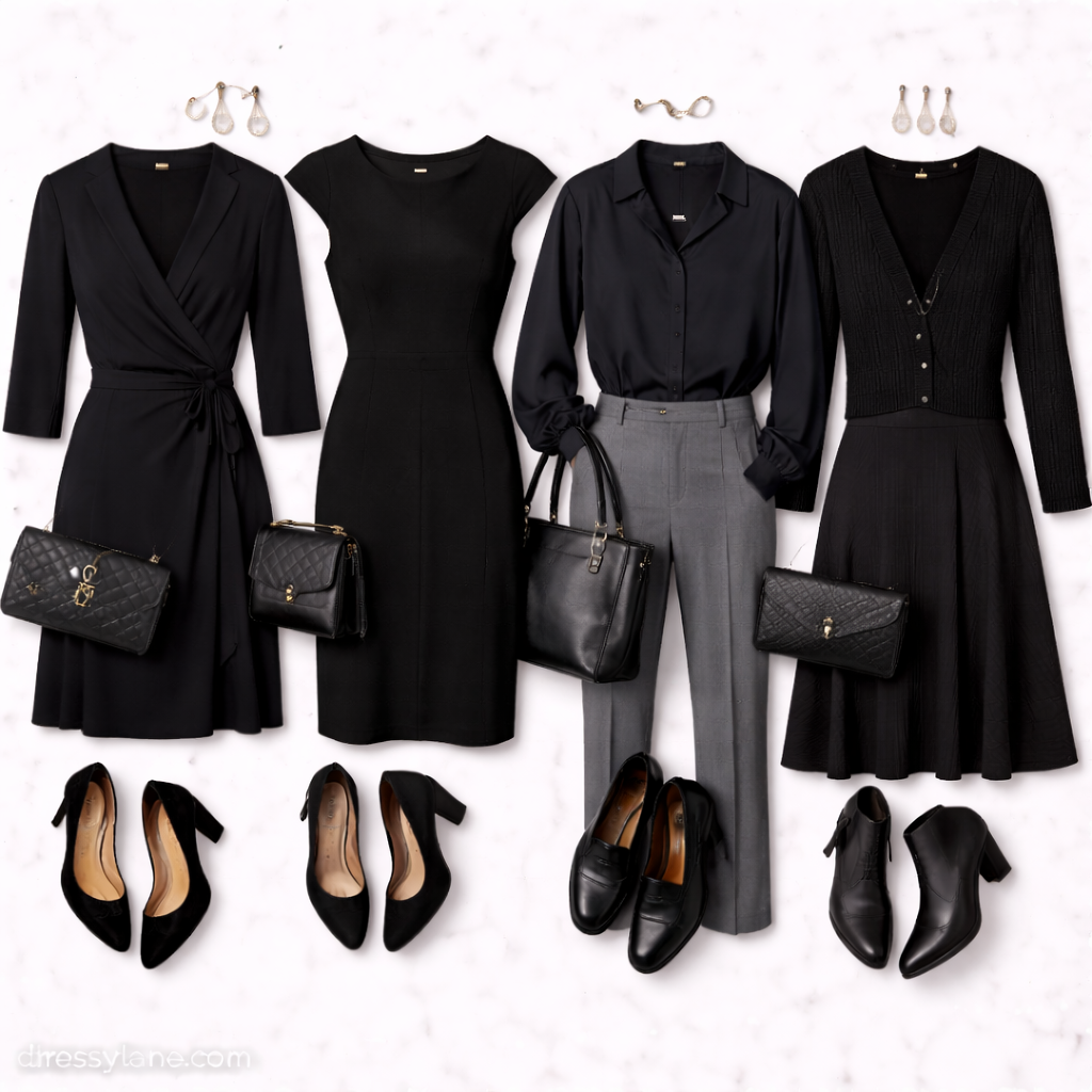 Flat lay of women’s memorial service outfits featuring modest black dresses, tailored separates, and understated accessories.
