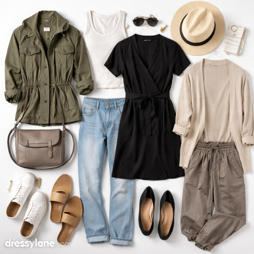Flat lay of women’s travel capsule wardrobe featuring versatile outfits, comfortable shoes, and mix-and-match essentials designed for packing light.