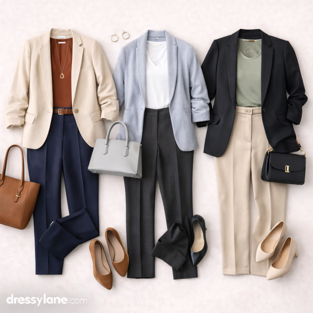 Flat lay of women’s business casual outfits featuring tailored trousers, blazers, blouses, and polished accessories styled to look professional without appearing overdressed.