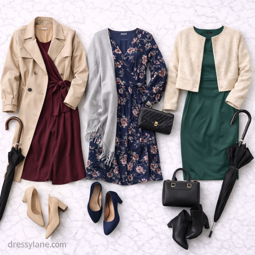 Flat lay of women’s rainy wedding guest outfits with dresses, coats, shoes, and umbrellas styled for wet weather.