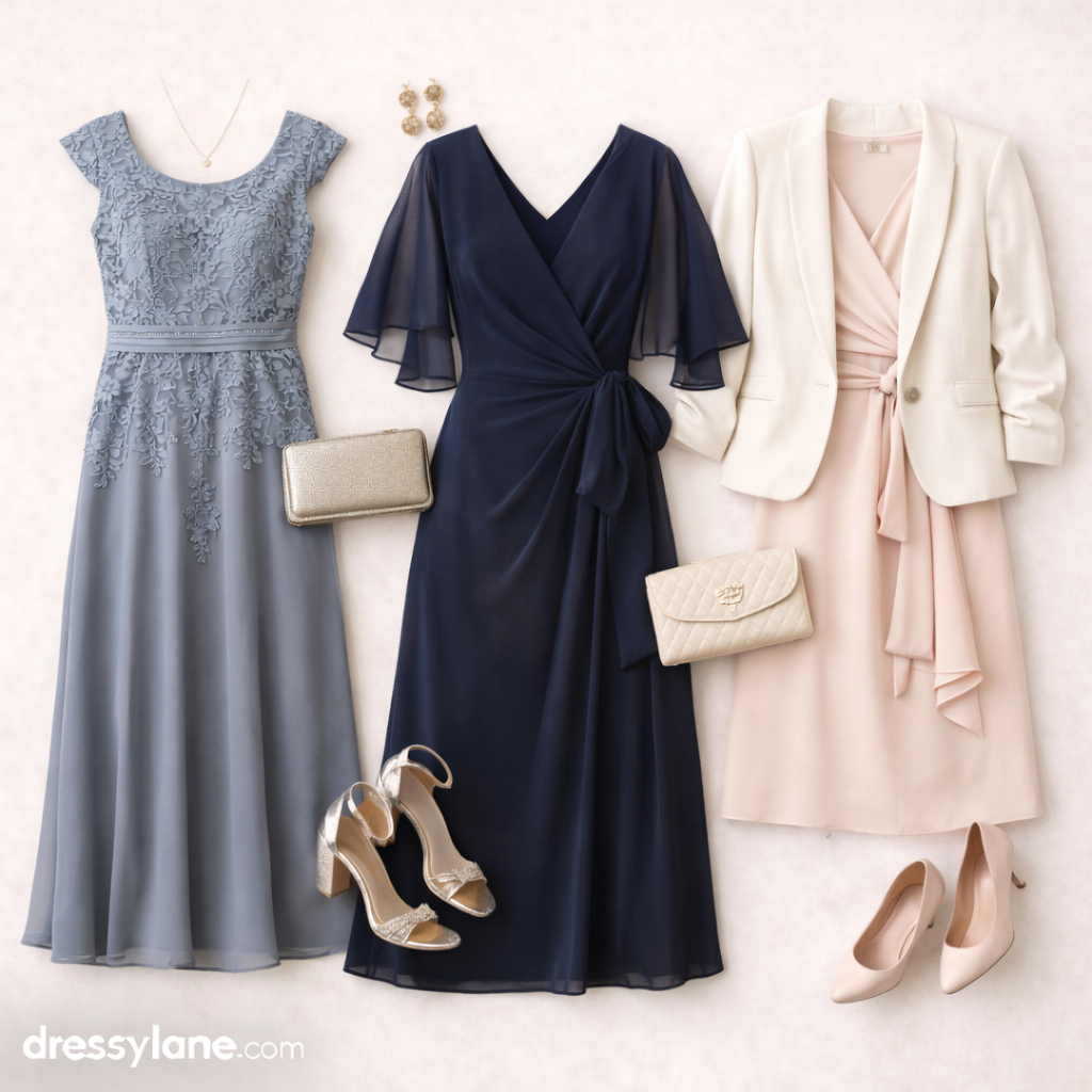 Flat lay of women’s modest wedding guest outfits featuring elegant midi and maxi dresses in neutral and jewel tones with refined accessories for traditional weddings.