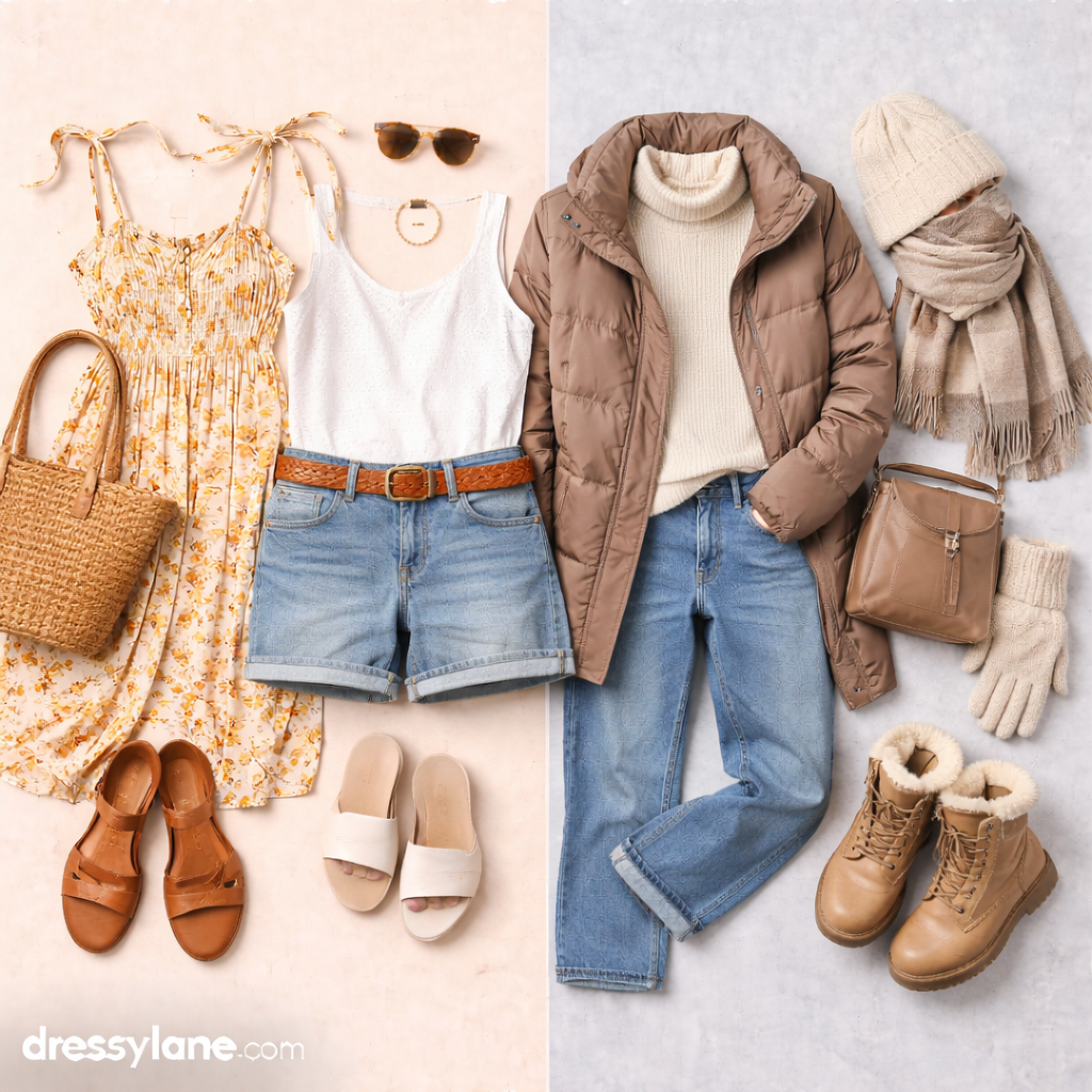 Flat lay of women’s outfits for seasonal extremes featuring breathable summer clothing and insulated cold-weather layers arranged side by side.