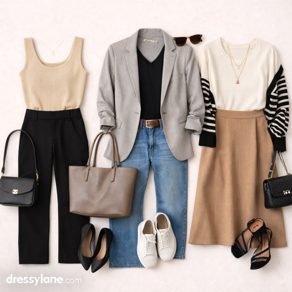 Flat lay of women’s simple outfits styled intentionally, featuring neutral basics, structured layers, and polished accessories arranged to show how minimal looks feel refined.