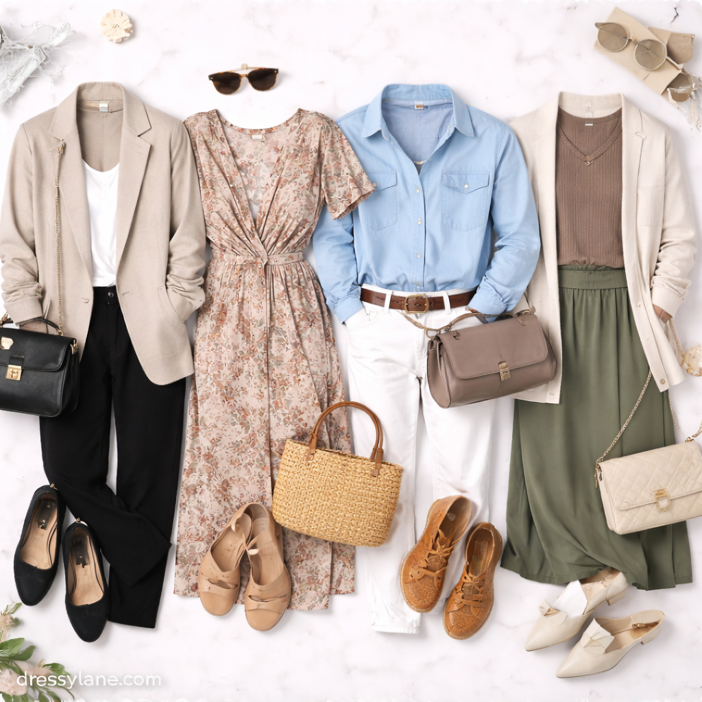 Flat lay of women’s smart casual outfits featuring blazers, dresses, tailored pants, and neutral accessories.