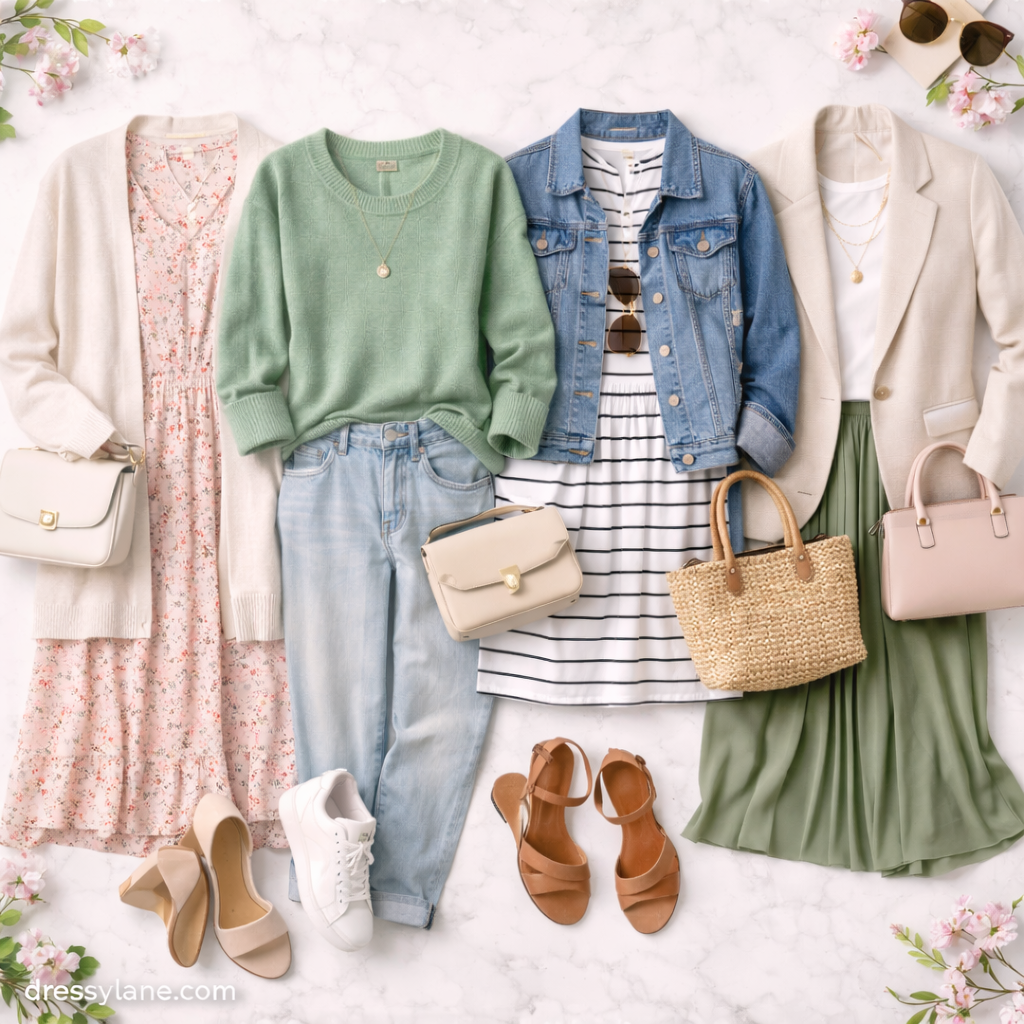 Flat lay of women’s spring outfits featuring light layers, pastel colors, and seasonal accessories.
