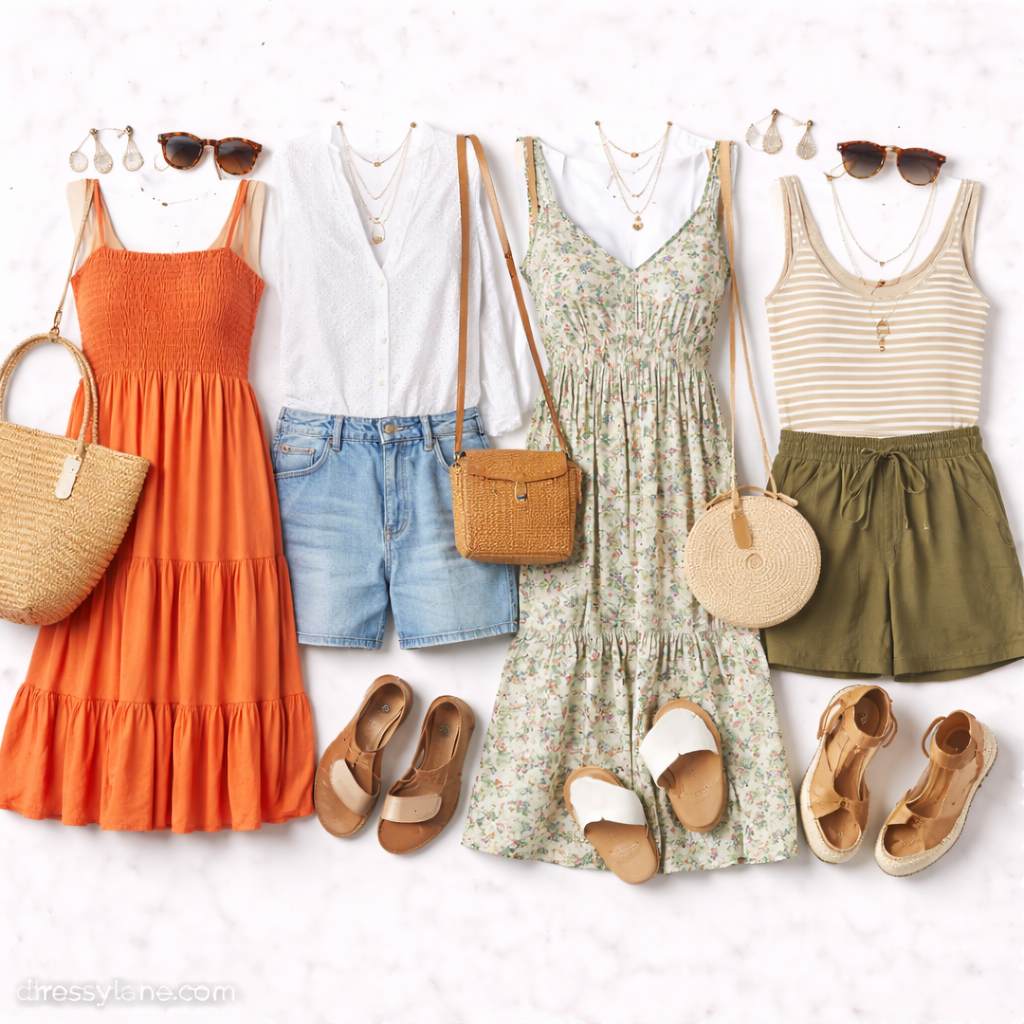 Flat lay of women’s summer outfits featuring sundresses, lightweight tops, shorts, sandals, and seasonal accessories.