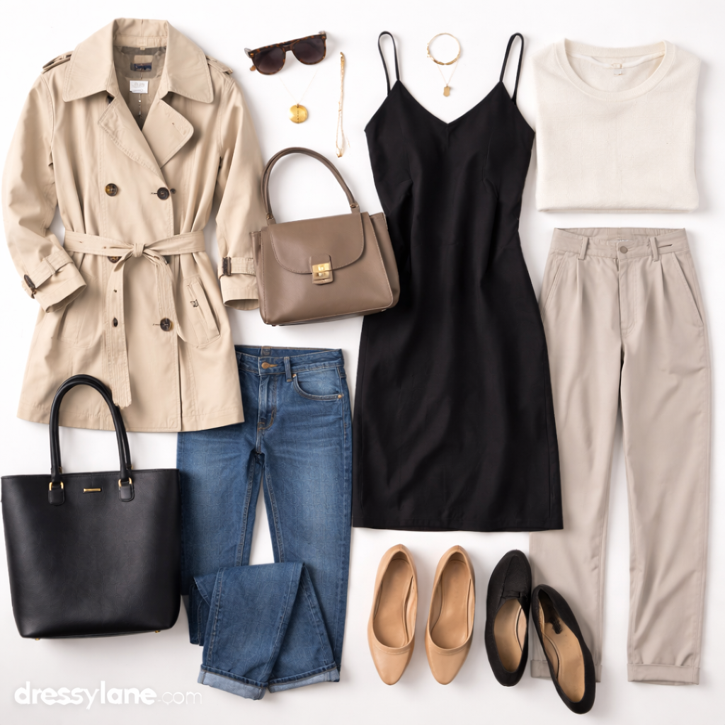 Flat lay of women’s timeless clothing and accessories featuring neutral tones, classic silhouettes, and versatile pieces styled to show how to dress without following trends.