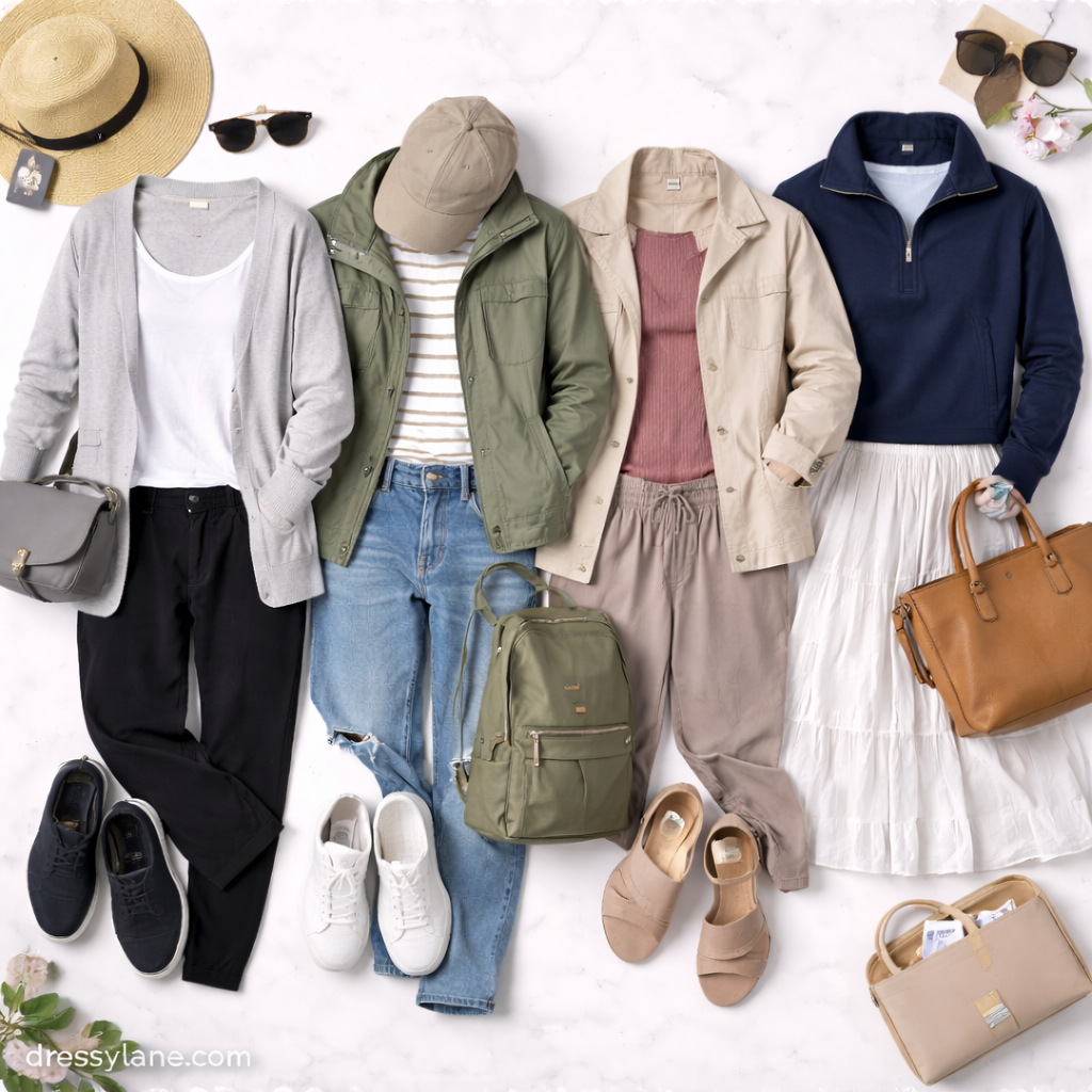 Flat lay of women’s travel outfits featuring comfortable layers, casual tops, sneakers, and travel accessories.