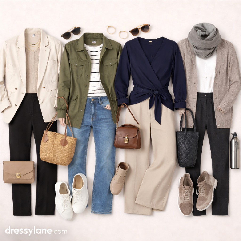 Flat lay of women’s travel outfits featuring blazers, jackets, wrap tops, comfortable pants, and coordinated accessories designed to transition from travel days into social events.