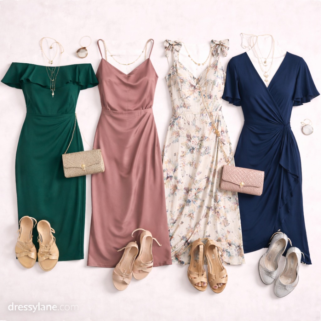 Flat lay of women’s wedding reception outfit ideas featuring elegant dresses, heels, clutches, and refined accessories.