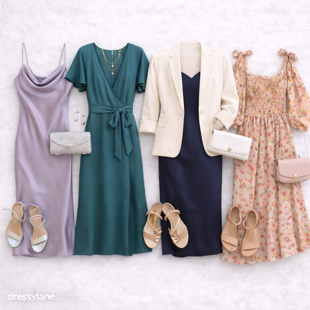 Flat lay of women’s wedding rehearsal dinner outfit ideas featuring elegant dresses, heels, clutches, and refined accessories.