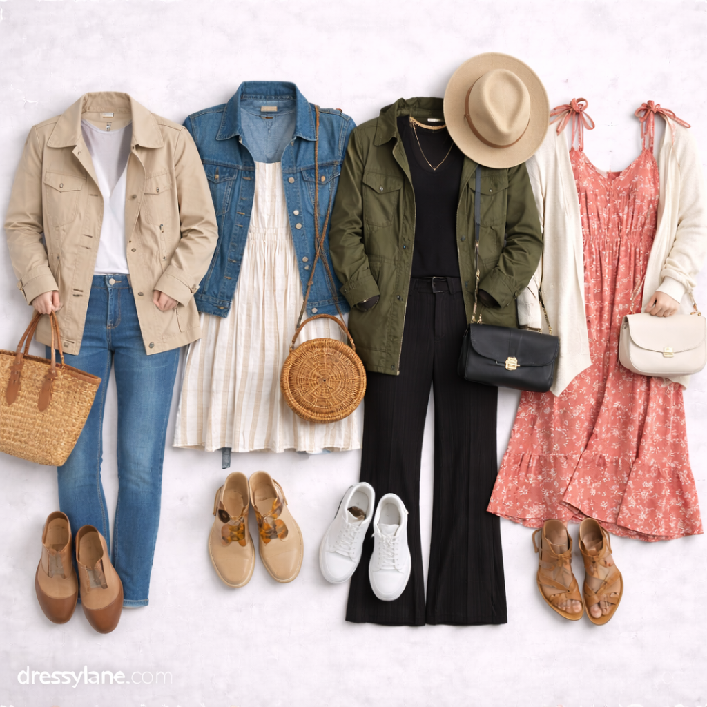 Flat lay of women’s weekend getaway outfit ideas featuring casual jackets, dresses, jeans, sneakers, sandals, and travel-ready accessories.