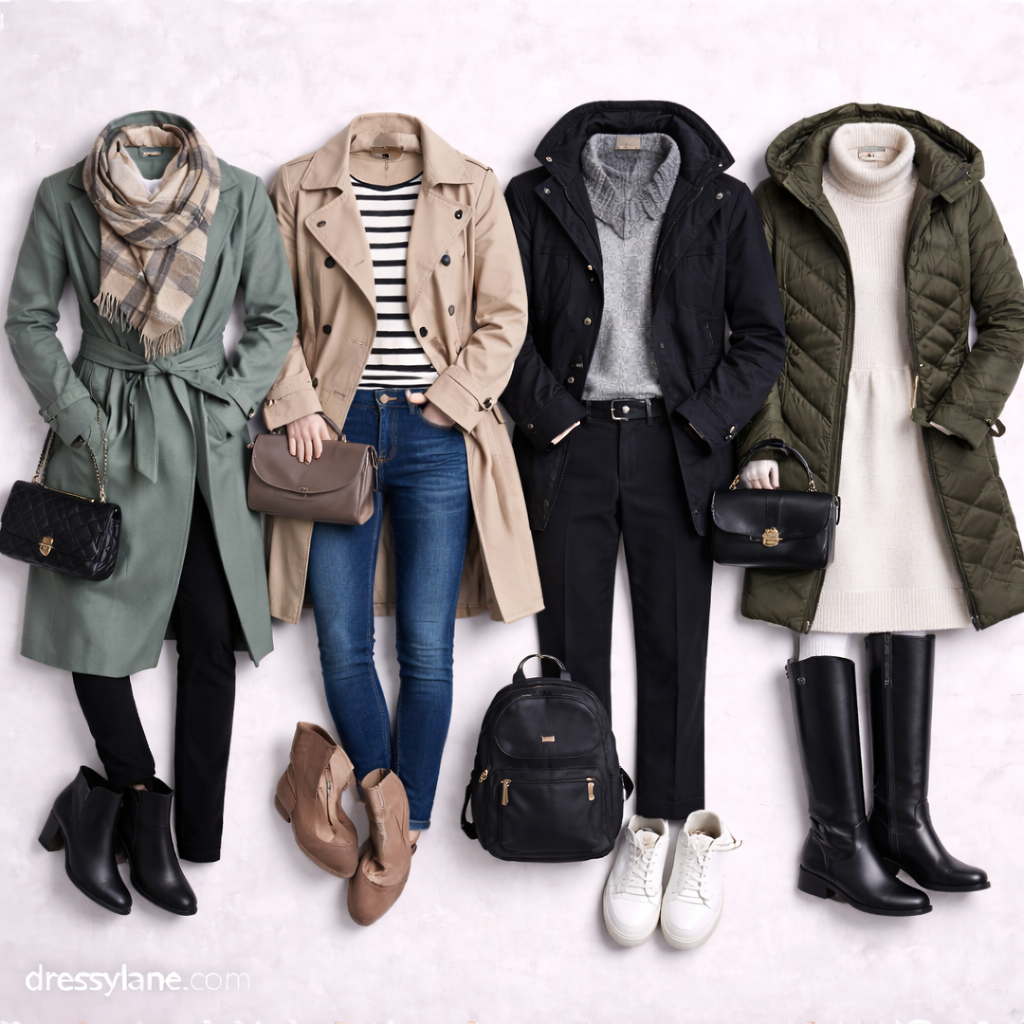 Flat lay of women’s windy weather outfit ideas featuring layered coats, sweaters, scarves, boots, and wind-ready accessories.