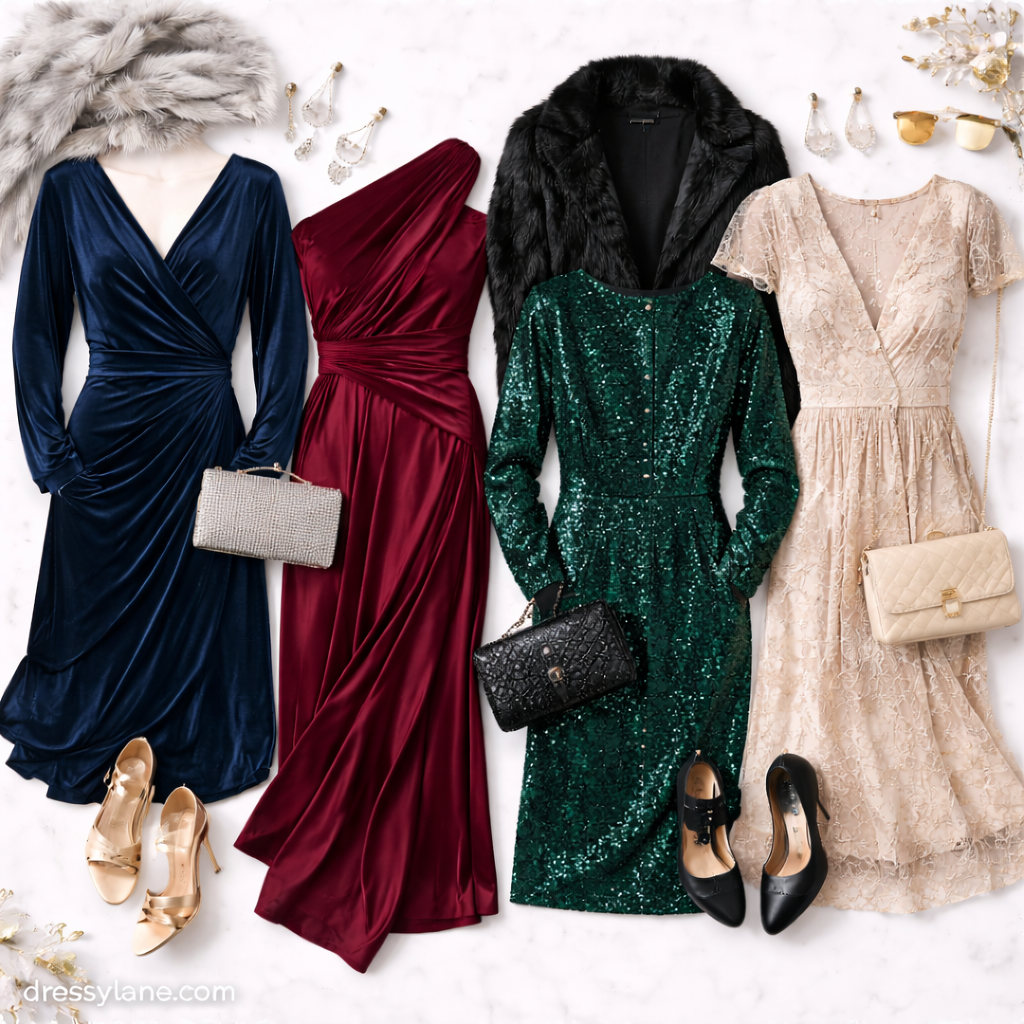 Flat lay of women’s winter wedding guest dresses featuring velvet, satin, sequins, and elegant accessories.