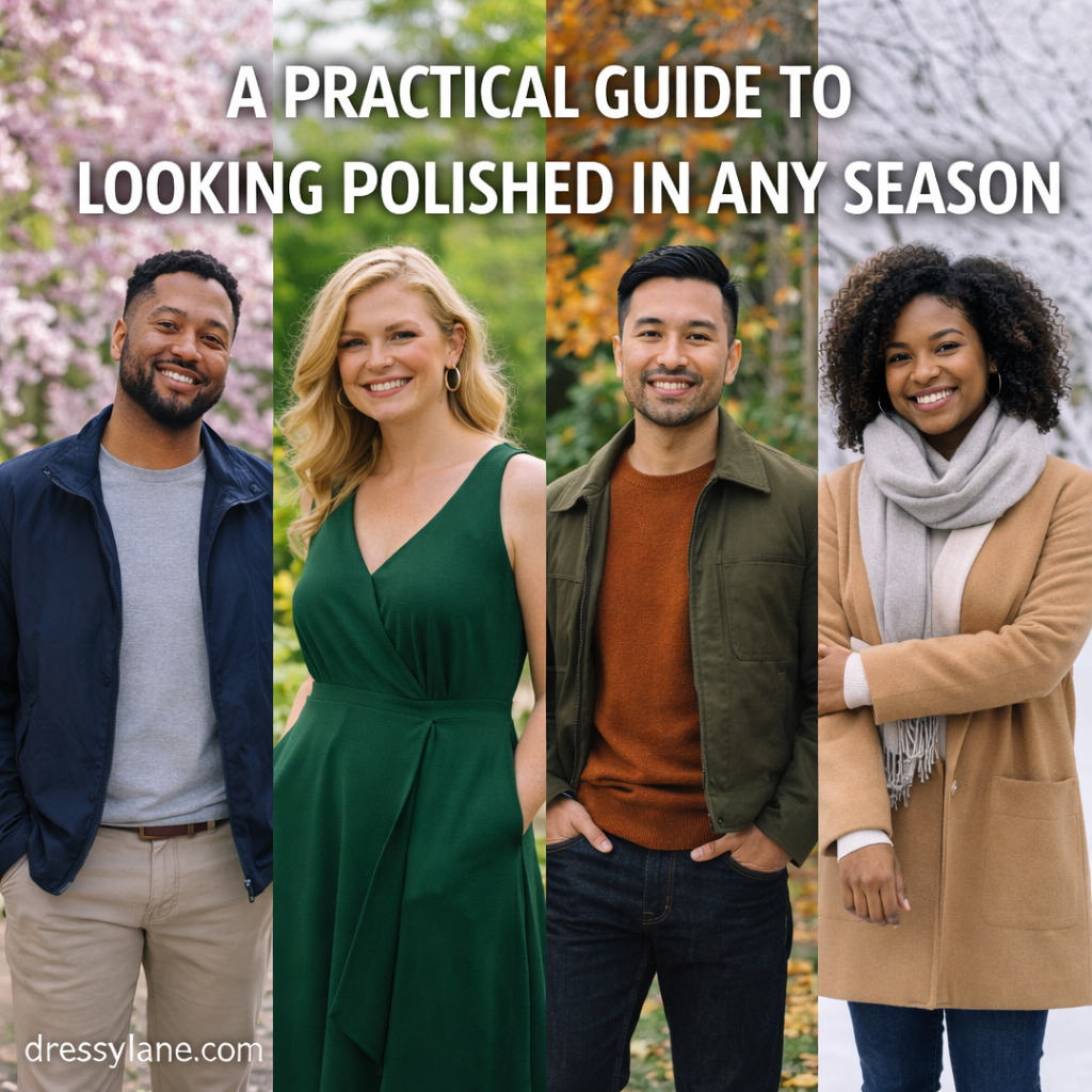 A diverse group of men and women dressed in stylish outfits suitable for different seasons, representing polished and adaptable year-round fashion.