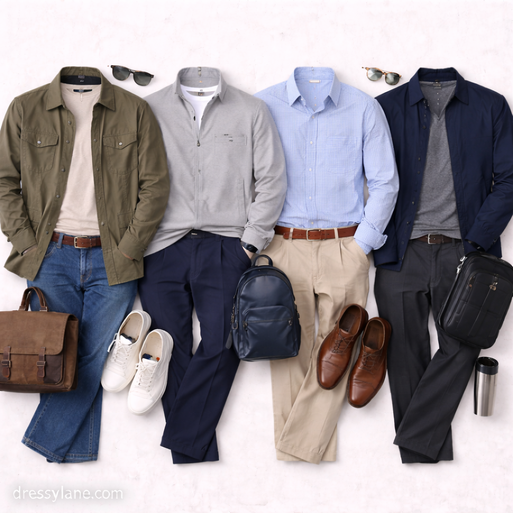 Flat lay of men’s behind-the-scenes work outfits featuring casual shirts, full-length pants, comfortable footwear, and practical accessories arranged on a neutral background.