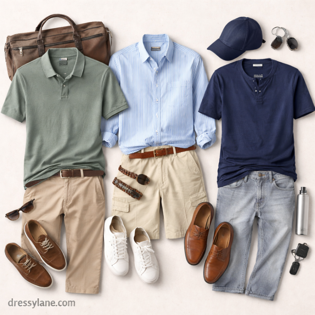 Flat lay of men’s comfortable social event outfits featuring casual shirts, full-length pants, relaxed footwear, and coordinated accessories arranged on a neutral background.