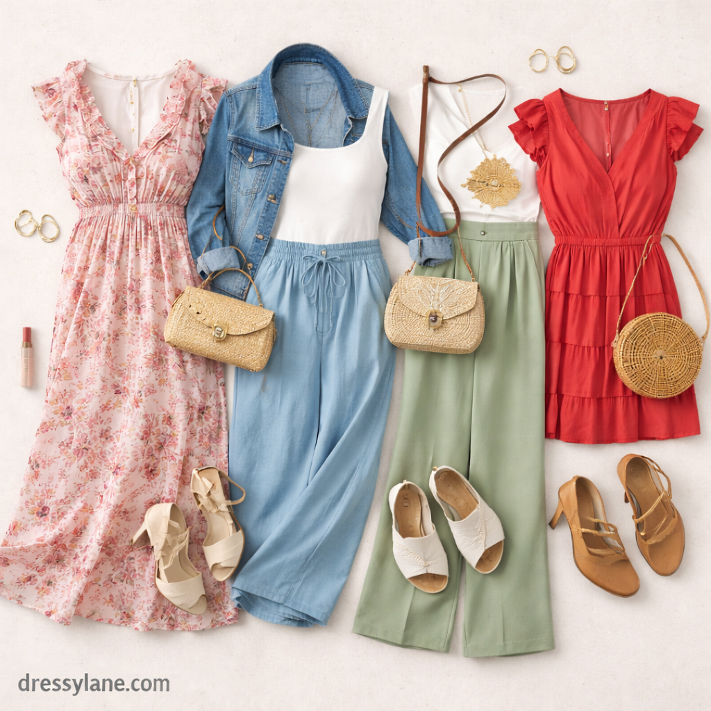 Flat lay of women’s comfortable social event outfits featuring flowy dresses, wide-leg pants, casual layers, sandals, and coordinating accessories on a neutral background.