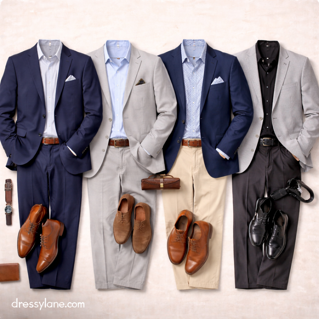 Comfortable men’s wedding guest outfits displayed as a flat lay with relaxed suits, breathable shirts, supportive dress shoes, and refined accessories.