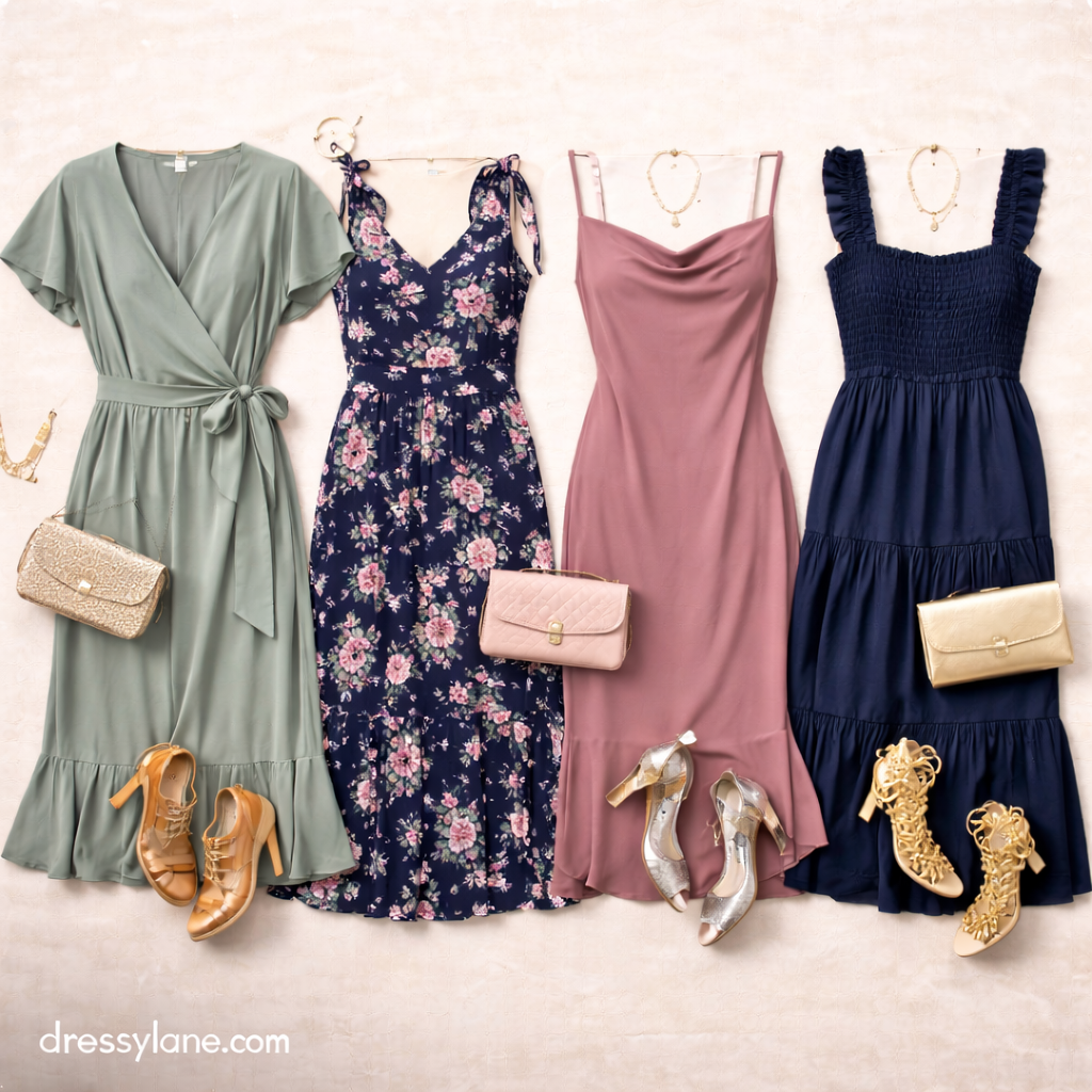 Comfortable women’s wedding guest outfits displayed as a flat lay with flowy dresses, supportive heels, and elegant accessories.
