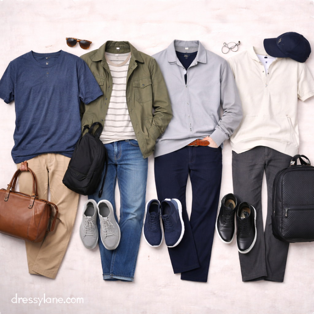 Men’s daily comfort and style outfits displayed as a flat lay with casual shirts, relaxed pants, sneakers, and everyday accessories.