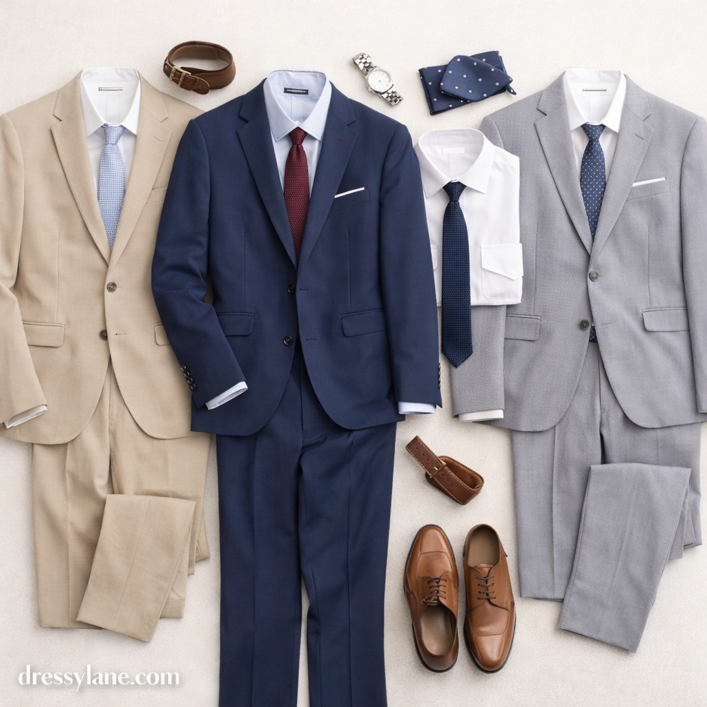 Flat lay of men’s daytime formal clothing including tailored suits, dress shirts, ties, leather shoes, and accessories in neutral tones.