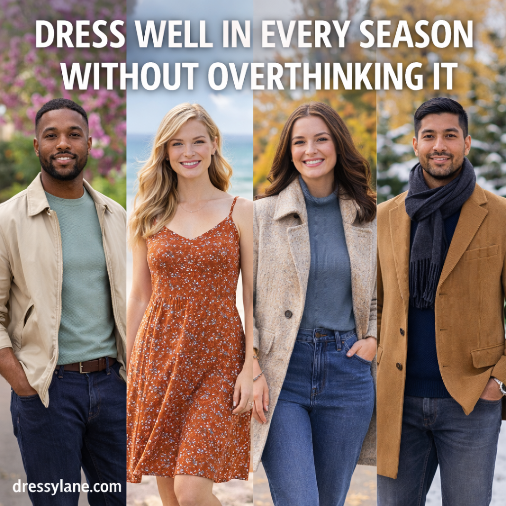A diverse group of men and women wearing stylish outfits suited for different seasons, representing effortless year-round fashion and adaptable personal style.