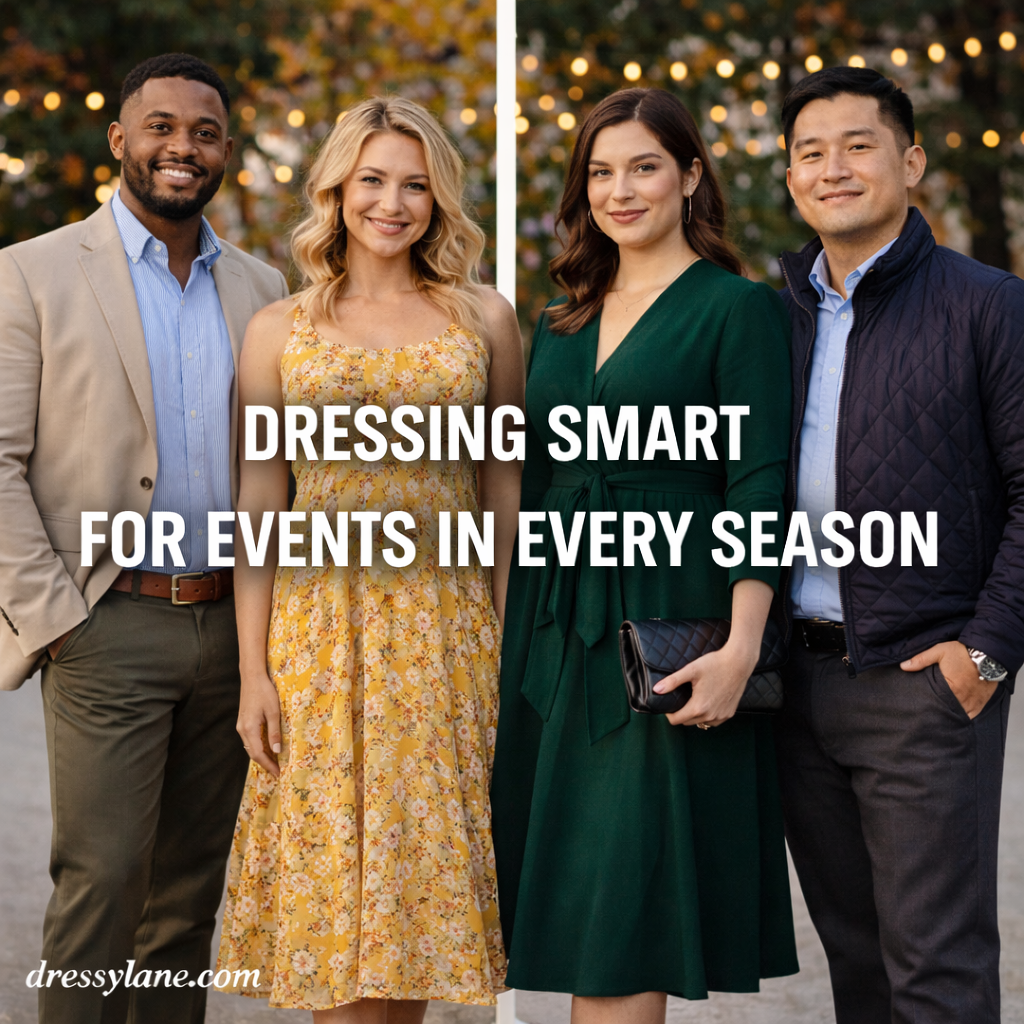 Diverse group of men and women dressed in season-appropriate outfits for spring, summer, fall, and winter events.