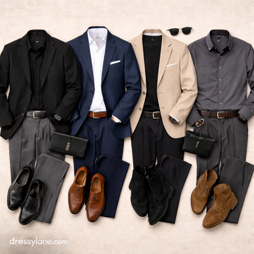 Dressy men’s social event outfits displayed as a flat lay with tailored jackets, refined shirts, polished shoes, and coordinated accessories.