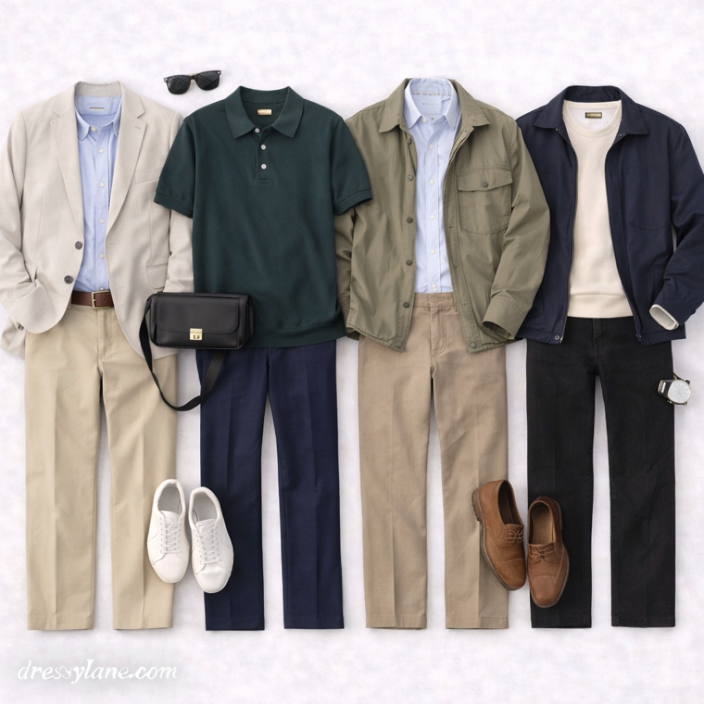 Flat lay of men’s social event outfits featuring chinos, trousers, polos, shirts, jackets, shoes, and coordinated accessories styled without suits.