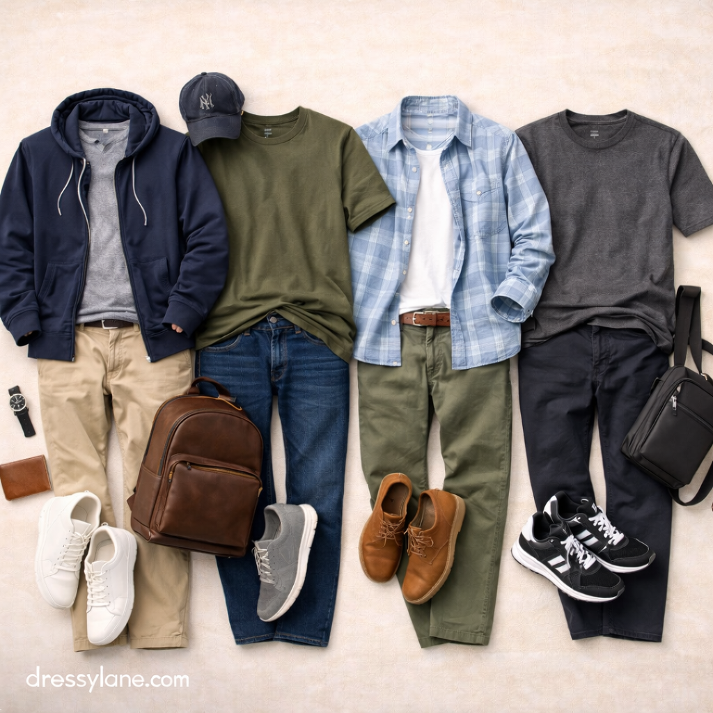 Men’s everyday real-life outfits displayed as a flat lay with casual layers, comfortable pants, sneakers, and practical accessories.