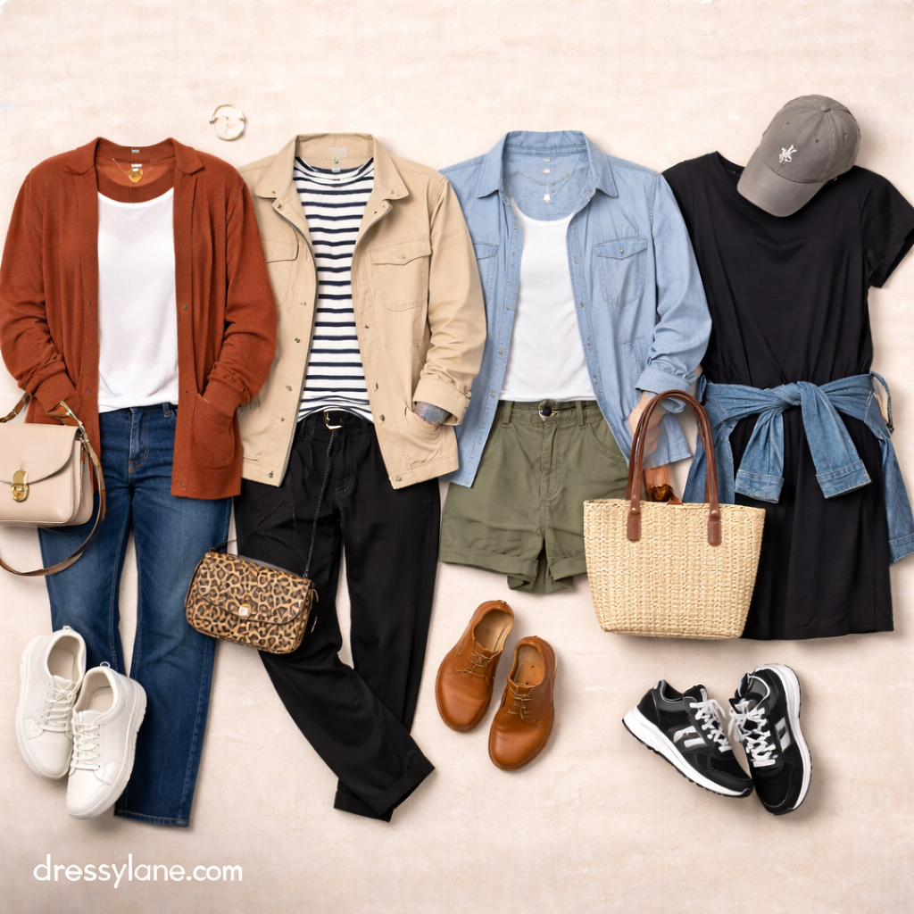 Women’s everyday real-life outfits displayed as a flat lay with casual layers, comfortable jeans, sneakers, and practical accessories.