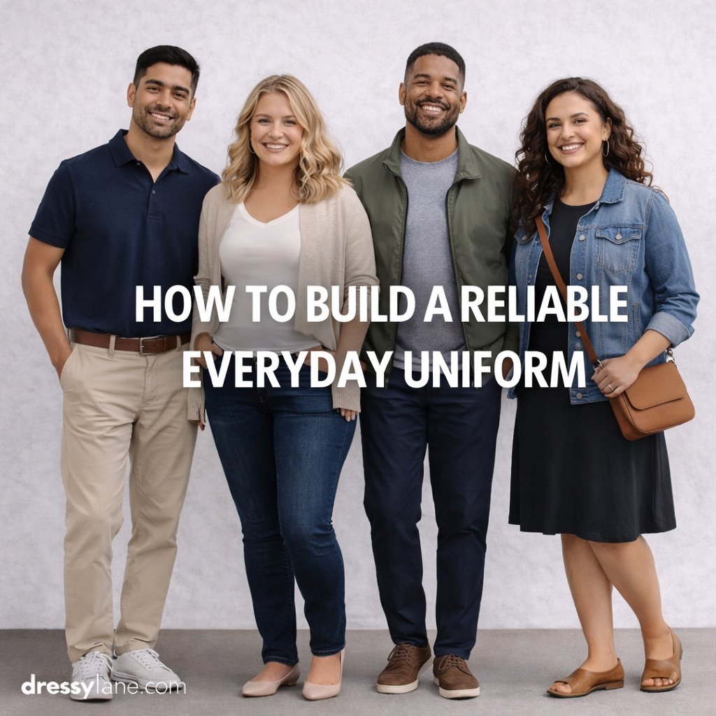 Group of men and women wearing simple, coordinated everyday outfits that demonstrate how to build a reliable everyday uniform.