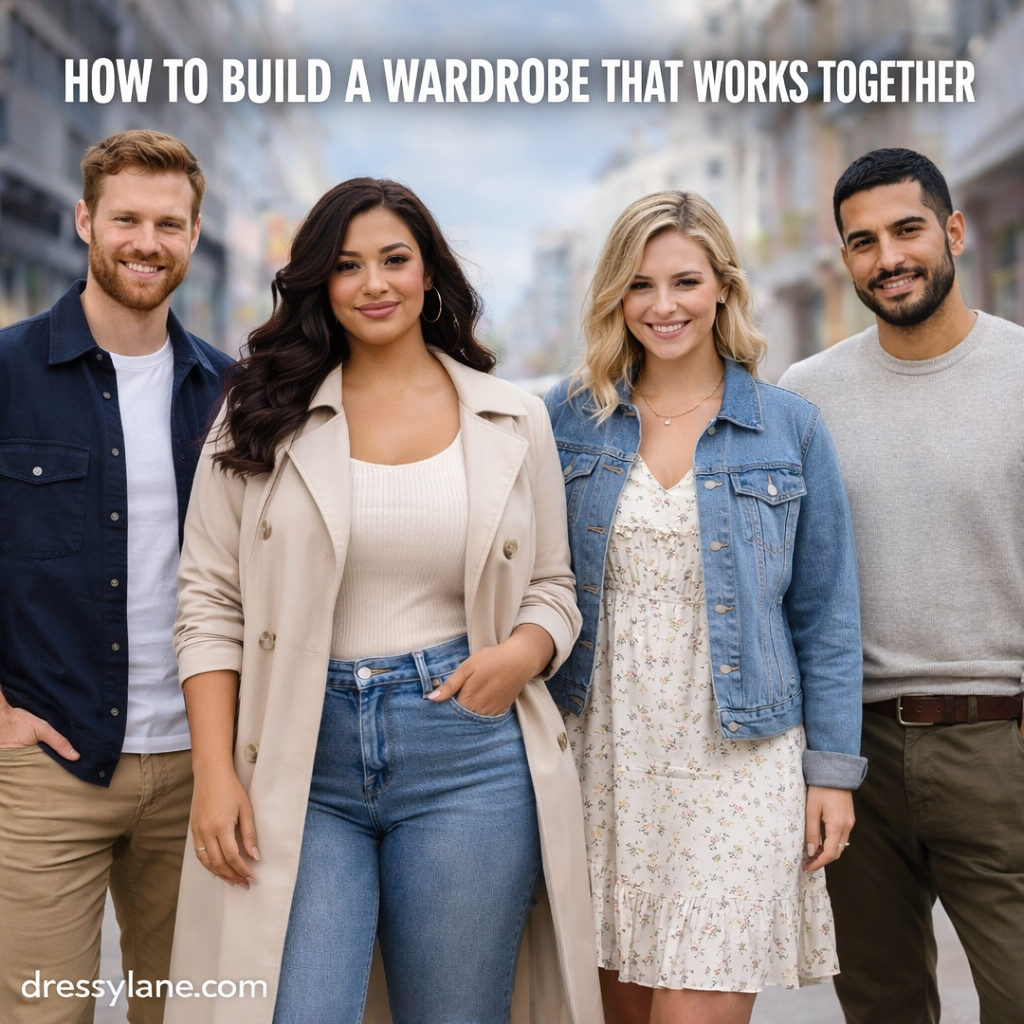 A diverse group of men and women wearing coordinated casual outfits, with a confident curvy woman at the center, representing a wardrobe that works together.