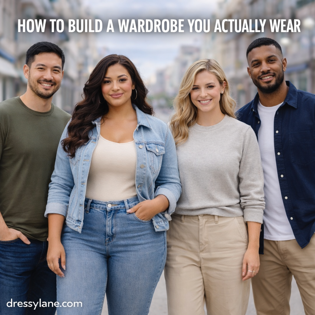 A diverse group of men and women wearing casual, coordinated outfits on a city street, with a confident curvy woman at the center representing a wearable everyday wardrobe.