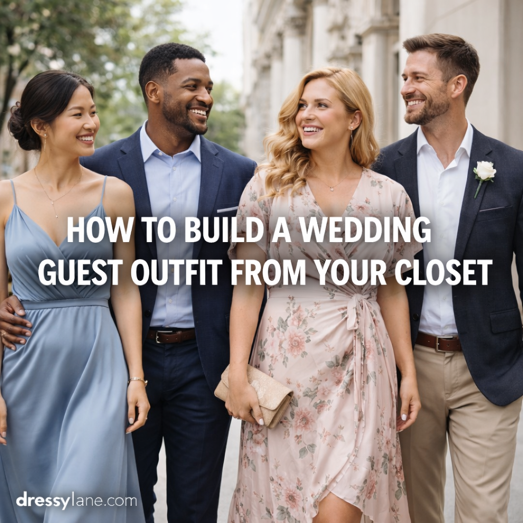 Group of men and women dressed as wedding guests wearing coordinated formal outfits, demonstrating how to build a wedding guest outfit from your closet.