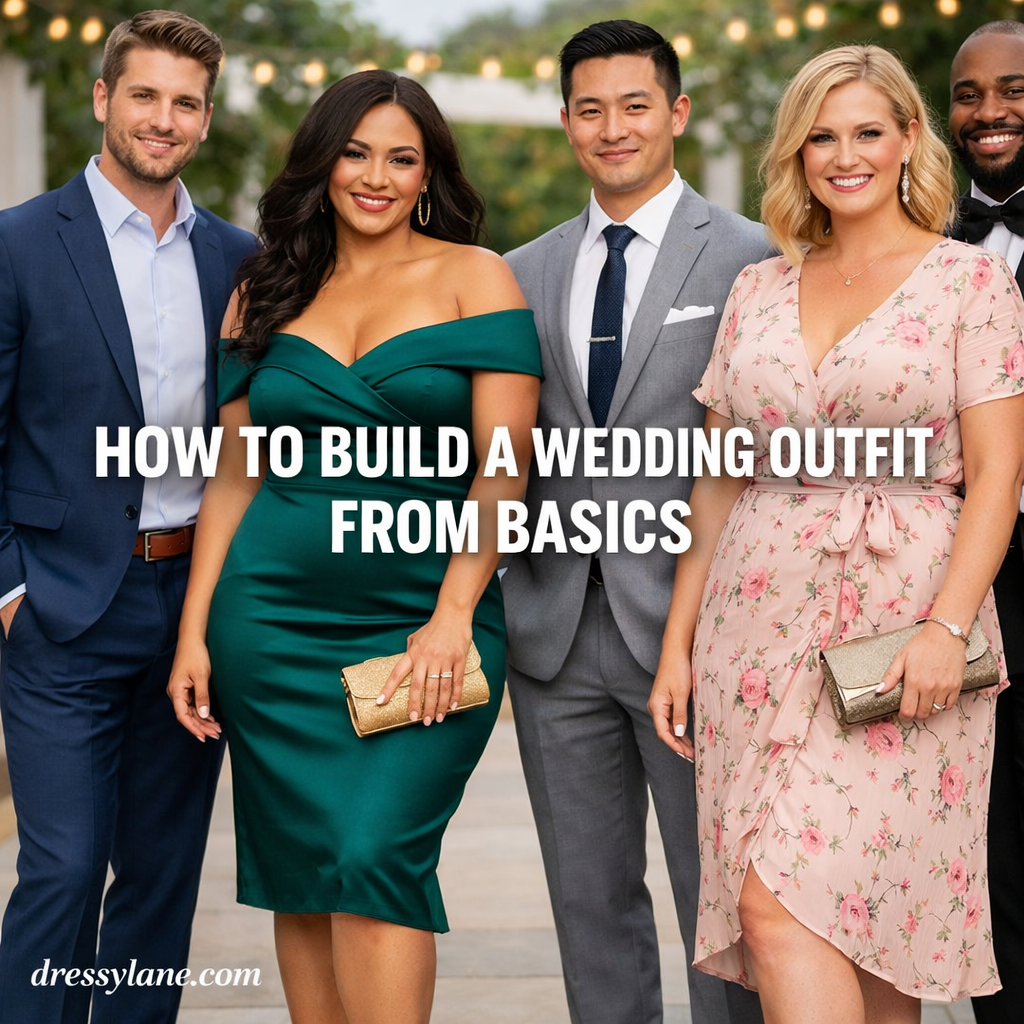 Group of well-dressed men and women wearing elegant wedding guest outfits built from wardrobe basics, featuring diverse body types and styles.