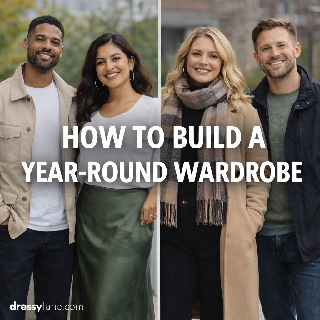 Group of men and women wearing layered outfits suitable for different seasons, illustrating how to build a year-round wardrobe.