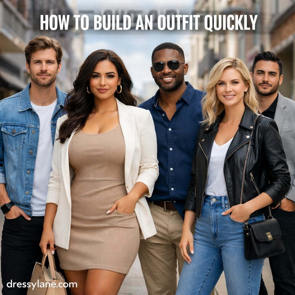 A diverse group of stylish men and women wearing coordinated everyday outfits that show how to build an outfit quickly, with a confident curvy woman featured at the center.