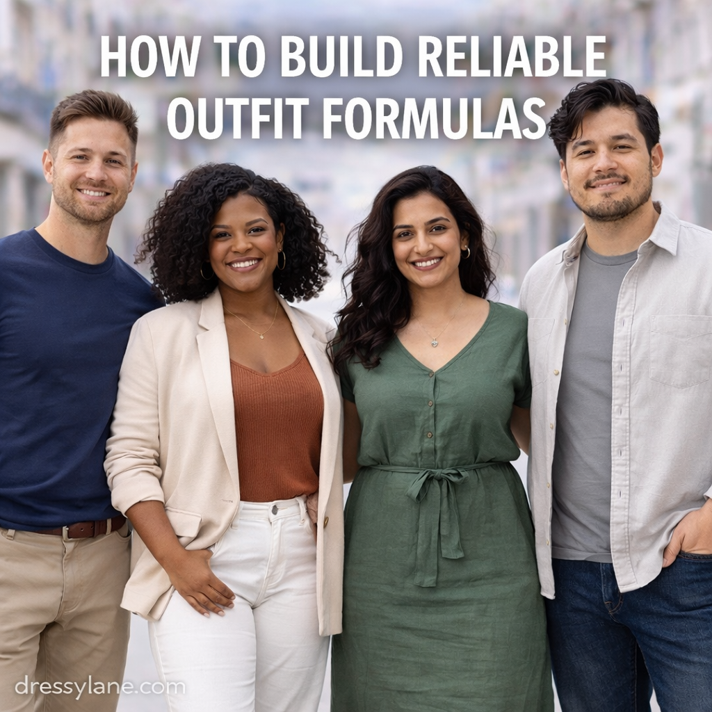 A diverse group of men and women wearing coordinated everyday outfits on a city street, representing reliable outfit formulas that work consistently.