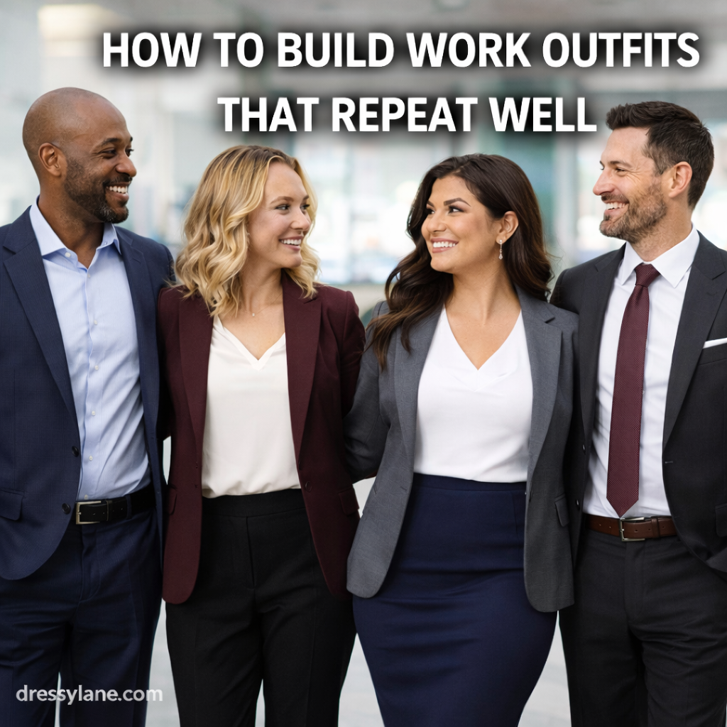 A diverse group of professionals wearing polished, repeatable work outfits, standing together in a modern office setting.