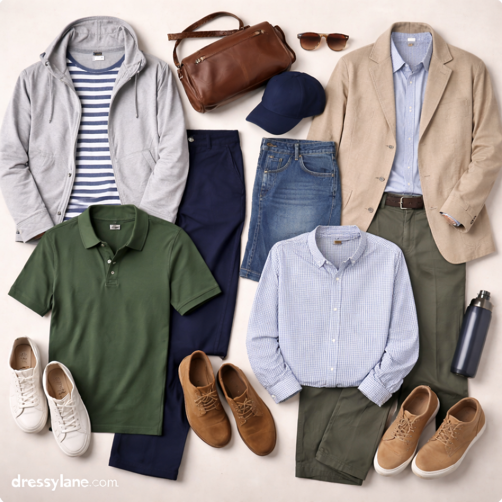 Flat lay of men’s comfortable outfits featuring breathable fabrics, soft knits, casual shirts, trousers, jackets, and everyday accessories.
