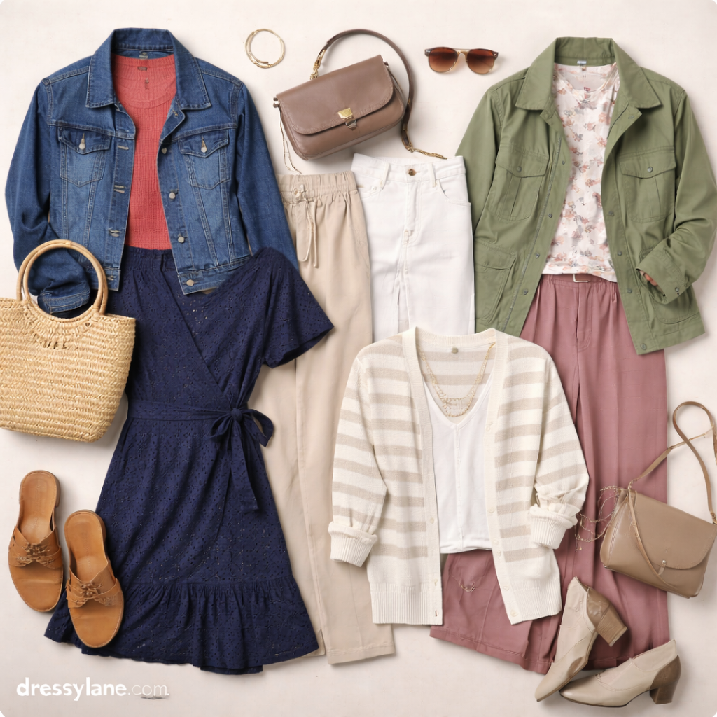 Flat lay of women’s comfortable outfits featuring breathable fabrics, soft layers, denim, cardigans, dresses, and everyday accessories.